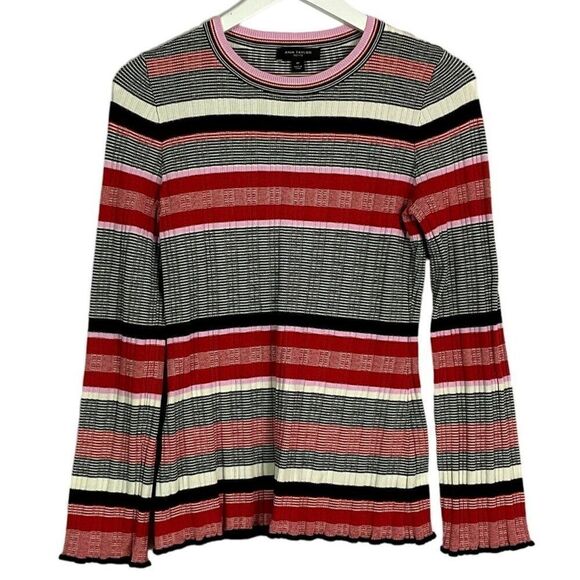 Ann Taylor Petite Striped Ruffle Cuff Sweater, size medium petite - Picture 2 of 8